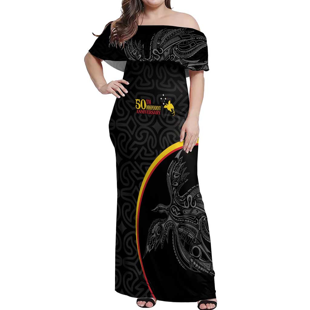 Papua New Guinea 50th Independence Day Off Shoulder Maxi Dress Simple Oro Tapa Pattern - Polynesian Pride