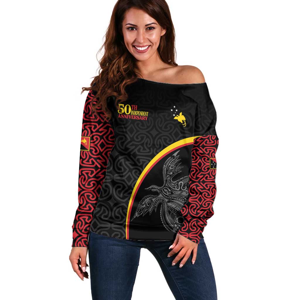 Papua New Guinea 50th Independence Day Off Shoulder Sweater Simple Oro Tapa Pattern - Polynesian Pride