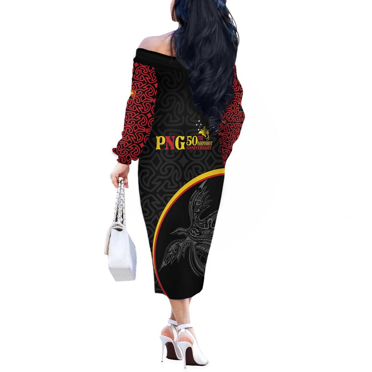Papua New Guinea 50th Independence Day Off The Shoulder Long Sleeve Dress Simple Oro Tapa Pattern - Polynesian Pride