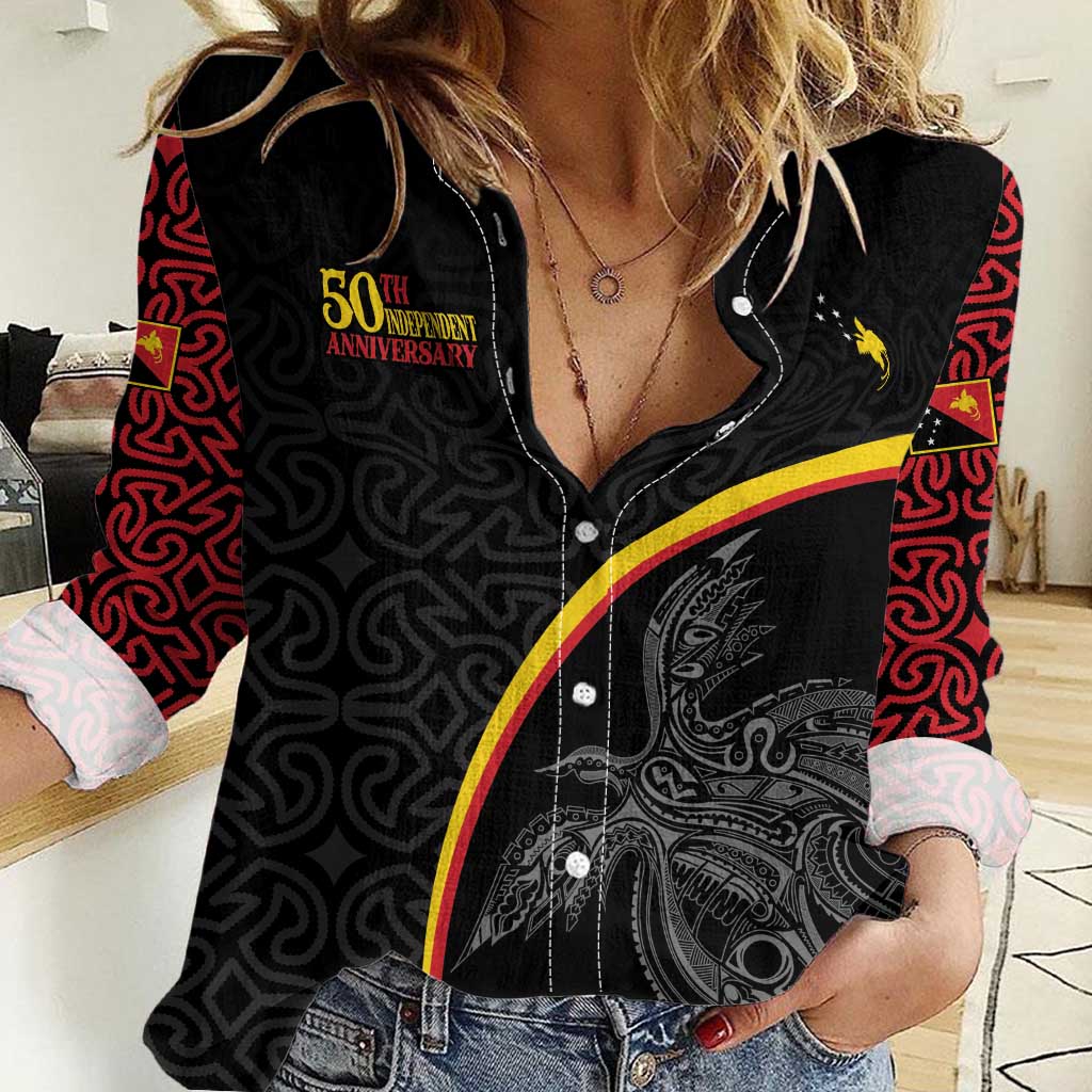 Papua New Guinea 50th Independence Day Women Casual Shirt Simple Oro Tapa Pattern LT9 Female Black - Polynesian Pride