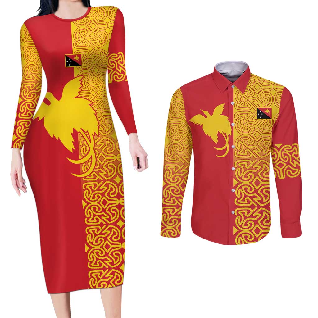 Papua New Guinea Oro Tapa Personalised Couples Matching Long Sleeve Bodycon Dress and Long Sleeve Button Shirt Simple Bird of Paradise Style LT9 Red - Polynesian Pride