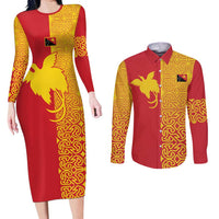 Papua New Guinea Oro Tapa Personalised Couples Matching Long Sleeve Bodycon Dress and Long Sleeve Button Shirt Simple Bird of Paradise Style LT9 Red - Polynesian Pride