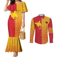 Papua New Guinea Oro Tapa Personalised Couples Matching Mermaid Dress and Long Sleeve Button Shirt Simple Bird of Paradise Style LT9 Red - Polynesian Pride