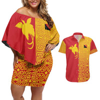 Papua New Guinea Oro Tapa Personalised Couples Matching Off Shoulder Short Dress and Hawaiian Shirt Simple Bird of Paradise Style LT9 Red - Polynesian Pride