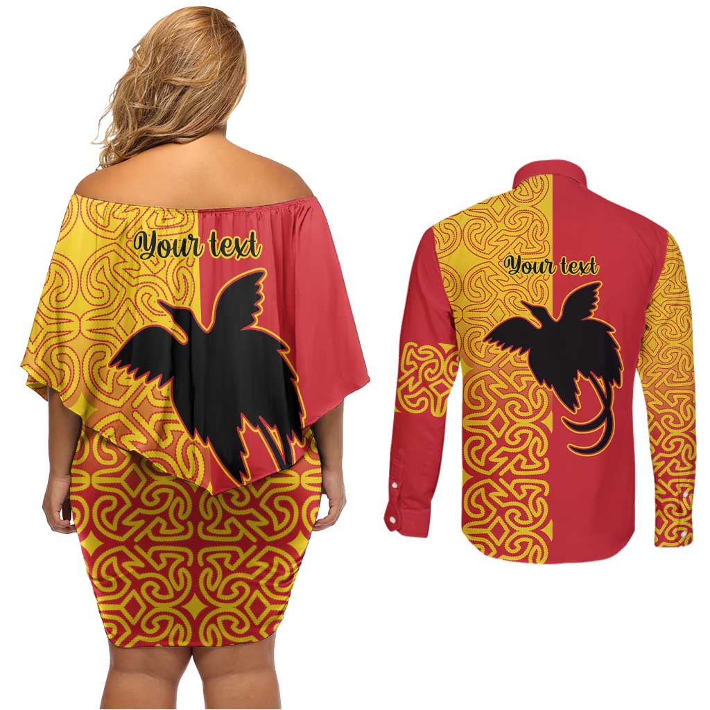 Papua New Guinea Oro Tapa Personalised Couples Matching Off Shoulder Short Dress and Long Sleeve Button Shirt Simple Bird of Paradise Style LT9 - Polynesian Pride