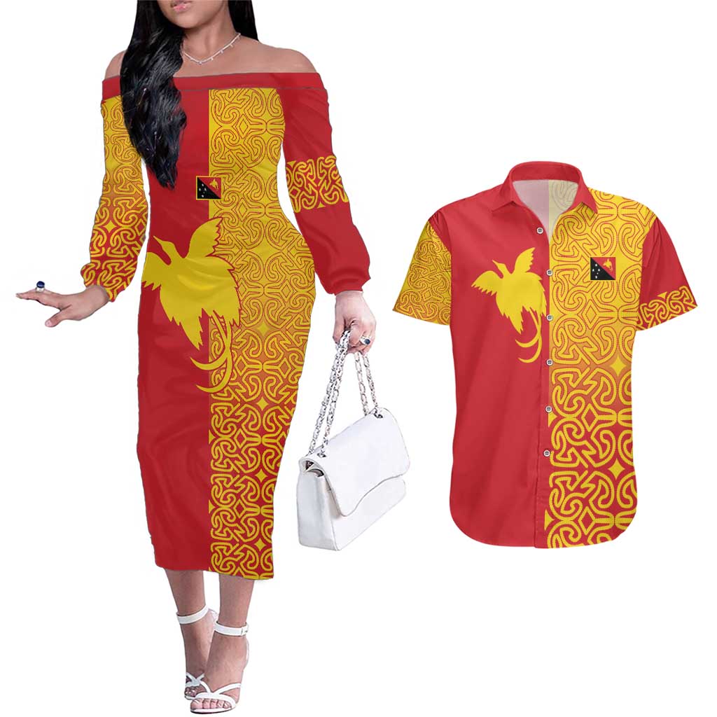 Papua New Guinea Oro Tapa Personalised Couples Matching Off The Shoulder Long Sleeve Dress and Hawaiian Shirt Simple Bird of Paradise Style LT9 Red - Polynesian Pride