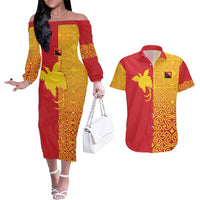 Papua New Guinea Oro Tapa Personalised Couples Matching Off The Shoulder Long Sleeve Dress and Hawaiian Shirt Simple Bird of Paradise Style LT9 Red - Polynesian Pride