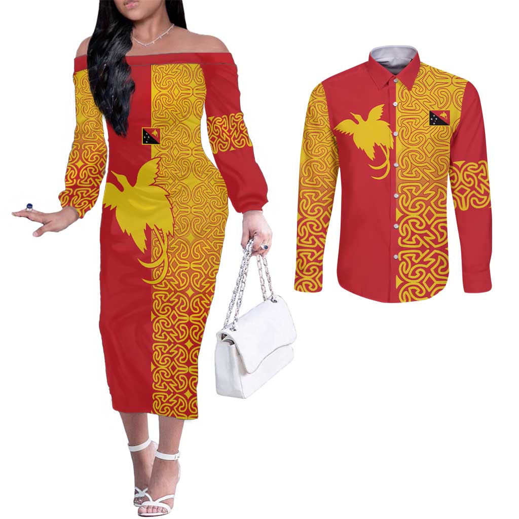 Papua New Guinea Oro Tapa Personalised Couples Matching Off The Shoulder Long Sleeve Dress and Long Sleeve Button Shirt Simple Bird of Paradise Style LT9 Red - Polynesian Pride