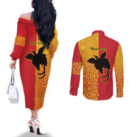 Papua New Guinea Oro Tapa Personalised Couples Matching Off The Shoulder Long Sleeve Dress and Long Sleeve Button Shirt Simple Bird of Paradise Style LT9 - Polynesian Pride