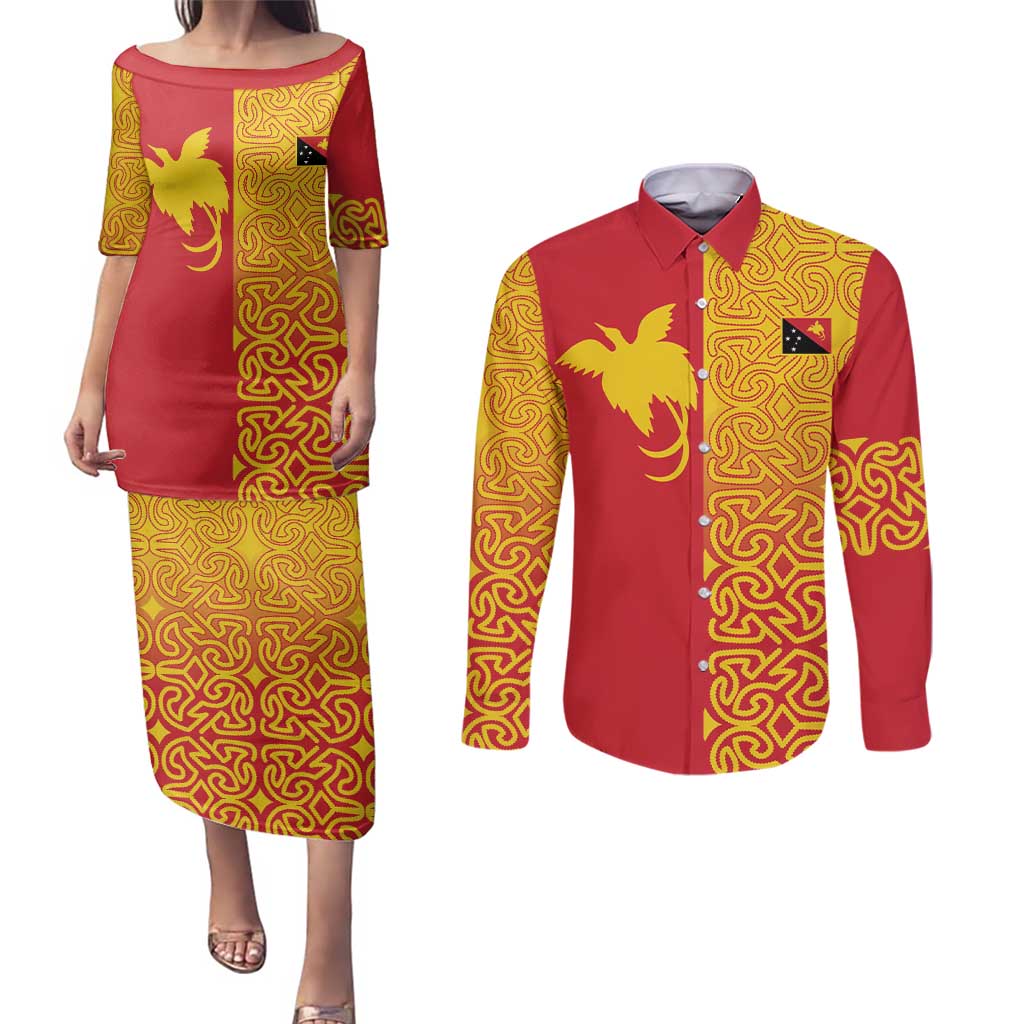 Papua New Guinea Oro Tapa Personalised Couples Matching Puletasi and Long Sleeve Button Shirt Simple Bird of Paradise Style - Polynesian Pride