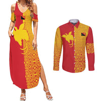Papua New Guinea Oro Tapa Personalised Couples Matching Summer Maxi Dress and Long Sleeve Button Shirt Simple Bird of Paradise Style LT9 Red - Polynesian Pride