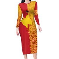 Papua New Guinea Oro Tapa Personalised Family Matching Long Sleeve Bodycon Dress and Hawaiian Shirt Simple Bird of Paradise Style LT9 Mom's Dress Red - Polynesian Pride