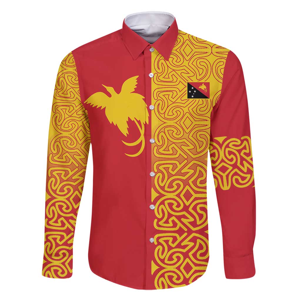 Papua New Guinea Oro Tapa Personalised Family Matching Off Shoulder Maxi Dress and Hawaiian Shirt Simple Bird of Paradise Style LT9 Dad's Shirt - Long Sleeve Red - Polynesian Pride