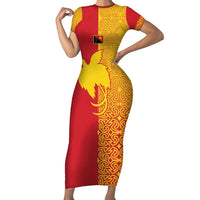 Papua New Guinea Oro Tapa Personalised Family Matching Short Sleeve Bodycon Dress and Hawaiian Shirt Simple Bird of Paradise Style LT9 Mom's Dress Red - Polynesian Pride