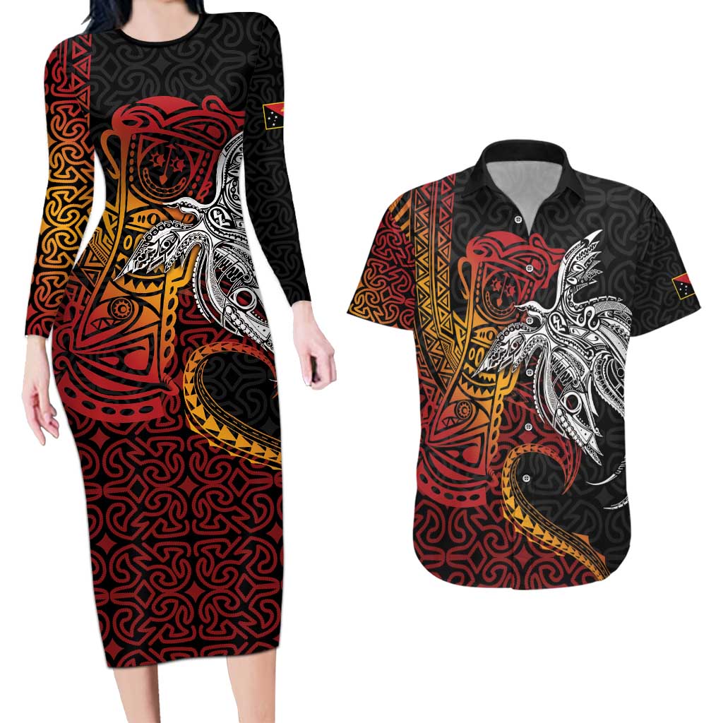 Papua New Guinea Sepik Personalised Couples Matching Long Sleeve Bodycon Dress and Hawaiian Shirt PNG Bird of Paradise Tattoo LT9 Black - Polynesian Pride