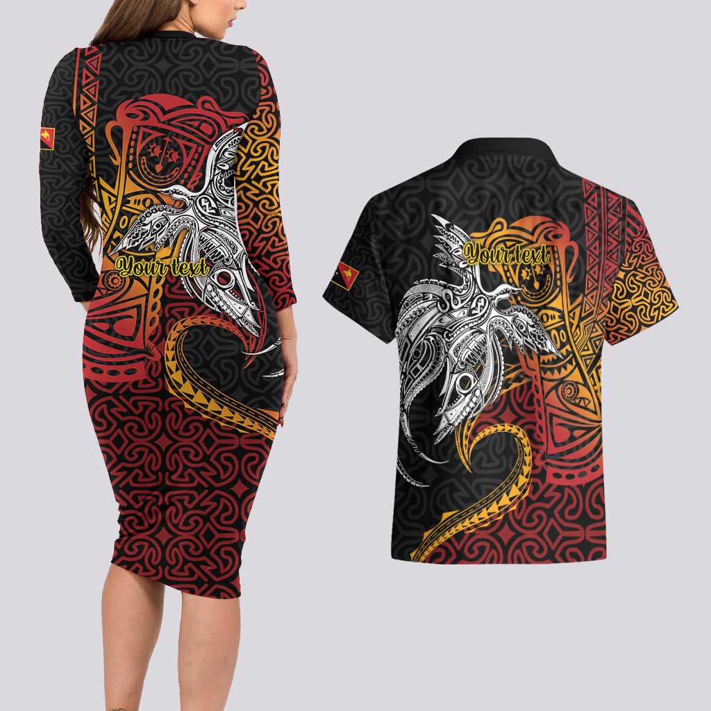 Papua New Guinea Sepik Personalised Couples Matching Long Sleeve Bodycon Dress and Hawaiian Shirt PNG Bird of Paradise Tattoo LT9 - Polynesian Pride