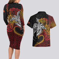 Papua New Guinea Sepik Personalised Couples Matching Long Sleeve Bodycon Dress and Hawaiian Shirt PNG Bird of Paradise Tattoo LT9 - Polynesian Pride