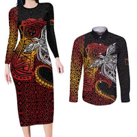 Papua New Guinea Sepik Personalised Couples Matching Long Sleeve Bodycon Dress and Long Sleeve Button Shirt PNG Bird of Paradise Tattoo LT9 Black - Polynesian Pride