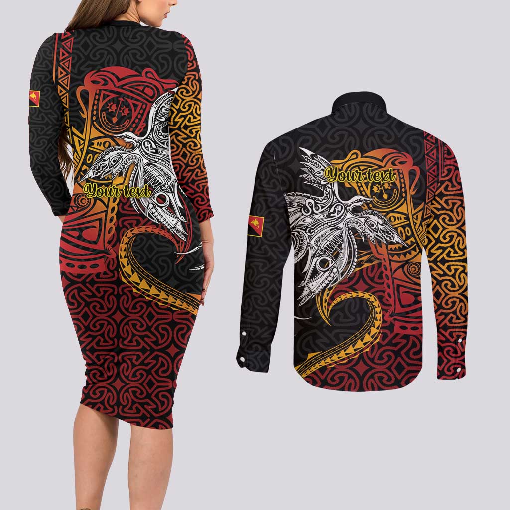 Papua New Guinea Sepik Personalised Couples Matching Long Sleeve Bodycon Dress and Long Sleeve Button Shirt PNG Bird of Paradise Tattoo LT9 - Polynesian Pride