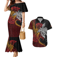 Papua New Guinea Sepik Personalised Couples Matching Mermaid Dress and Hawaiian Shirt PNG Bird of Paradise Tattoo LT9 Black - Polynesian Pride