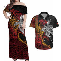 Papua New Guinea Sepik Personalised Couples Matching Off Shoulder Maxi Dress and Hawaiian Shirt PNG Bird of Paradise Tattoo LT9 Black - Polynesian Pride