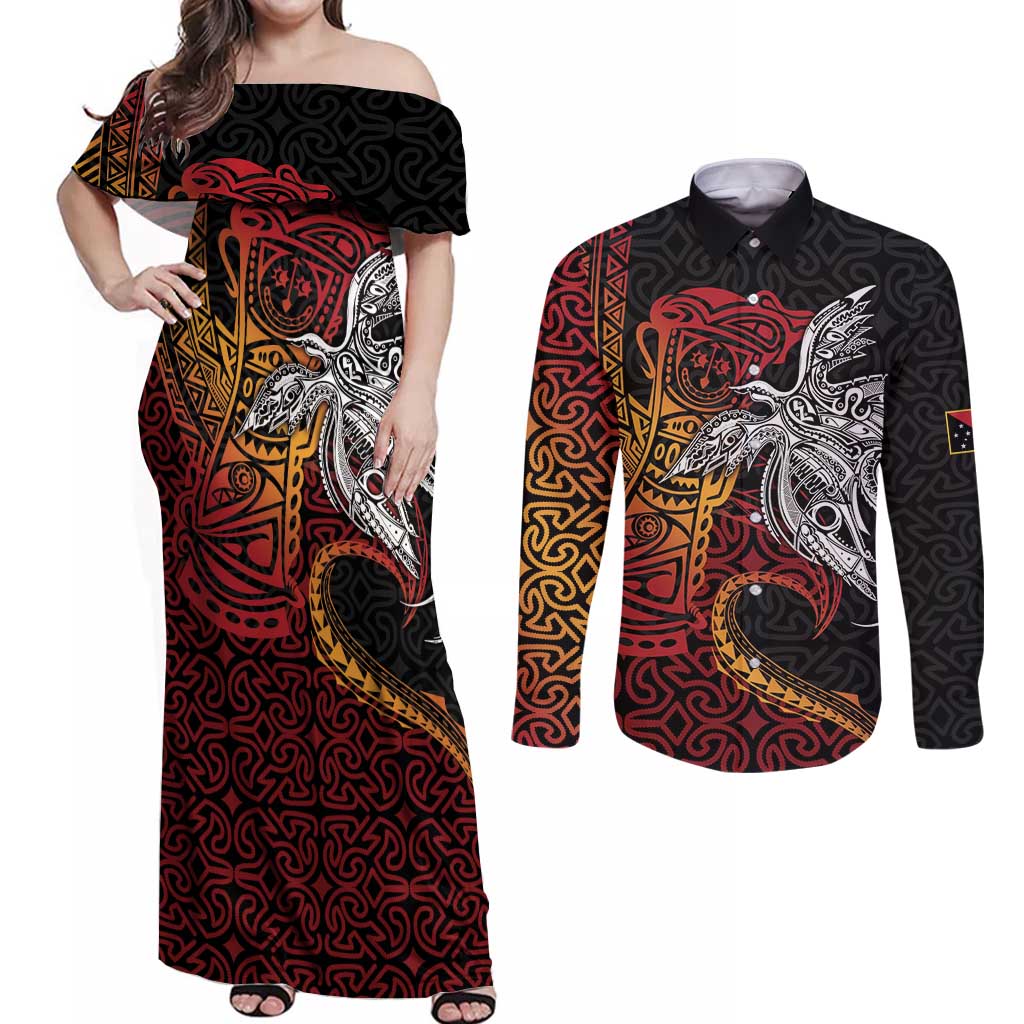 Papua New Guinea Sepik Personalised Couples Matching Off Shoulder Maxi Dress and Long Sleeve Button Shirt PNG Bird of Paradise Tattoo LT9 Black - Polynesian Pride