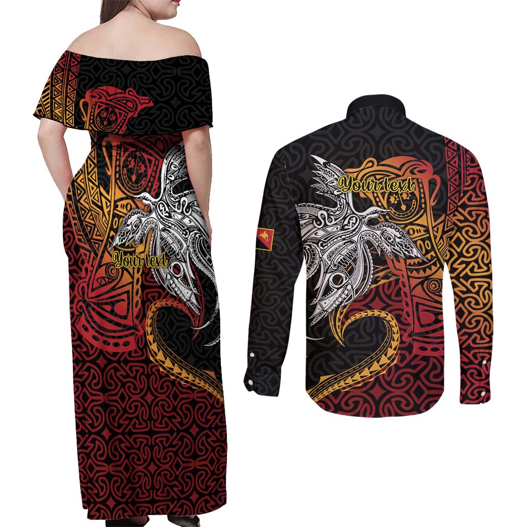 Papua New Guinea Sepik Personalised Couples Matching Off Shoulder Maxi Dress and Long Sleeve Button Shirt PNG Bird of Paradise Tattoo LT9 - Polynesian Pride