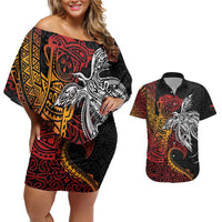 Papua New Guinea Sepik Personalised Couples Matching Off Shoulder Short Dress and Hawaiian Shirt PNG Bird of Paradise Tattoo LT9 Black - Polynesian Pride