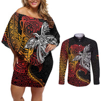 Papua New Guinea Sepik Personalised Couples Matching Off Shoulder Short Dress and Long Sleeve Button Shirt PNG Bird of Paradise Tattoo LT9 Black - Polynesian Pride