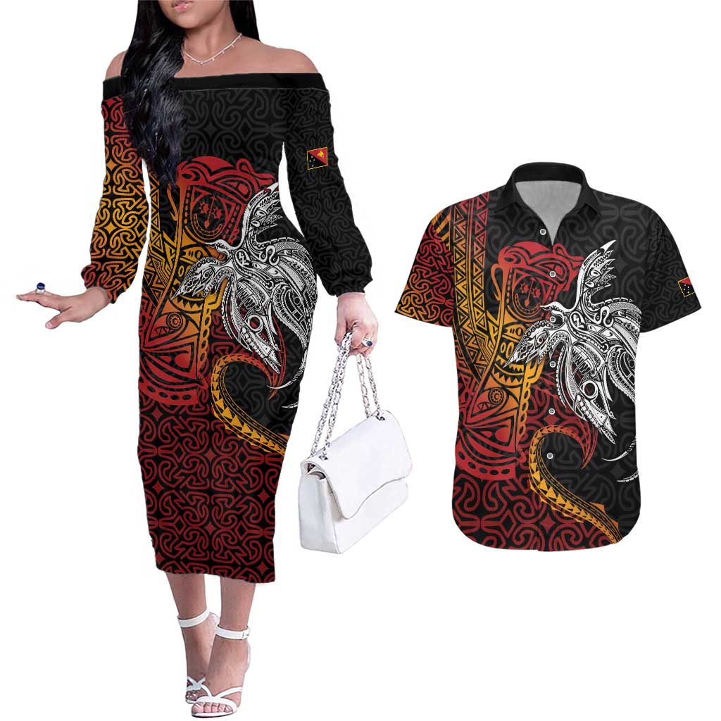 Papua New Guinea Sepik Personalised Couples Matching Off The Shoulder Long Sleeve Dress and Hawaiian Shirt PNG Bird of Paradise Tattoo LT9 Black - Polynesian Pride