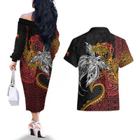 Papua New Guinea Sepik Personalised Couples Matching Off The Shoulder Long Sleeve Dress and Hawaiian Shirt PNG Bird of Paradise Tattoo LT9 - Polynesian Pride