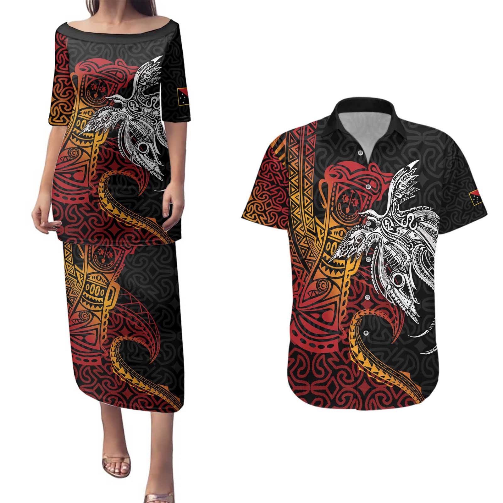 Papua New Guinea Sepik Personalised Couples Matching Puletasi and Hawaiian Shirt PNG Bird of Paradise Tattoo - Polynesian Pride
