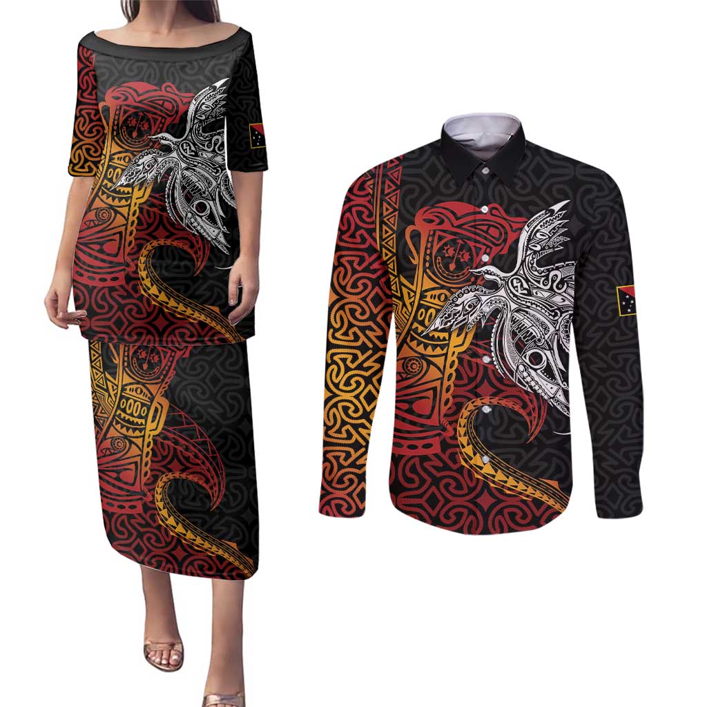 Papua New Guinea Sepik Personalised Couples Matching Puletasi and Long Sleeve Button Shirt PNG Bird of Paradise Tattoo LT9 Black - Polynesian Pride