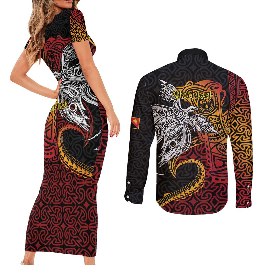 Papua New Guinea Sepik Personalised Couples Matching Short Sleeve Bodycon Dress and Long Sleeve Button Shirt PNG Bird of Paradise Tattoo LT9 - Polynesian Pride