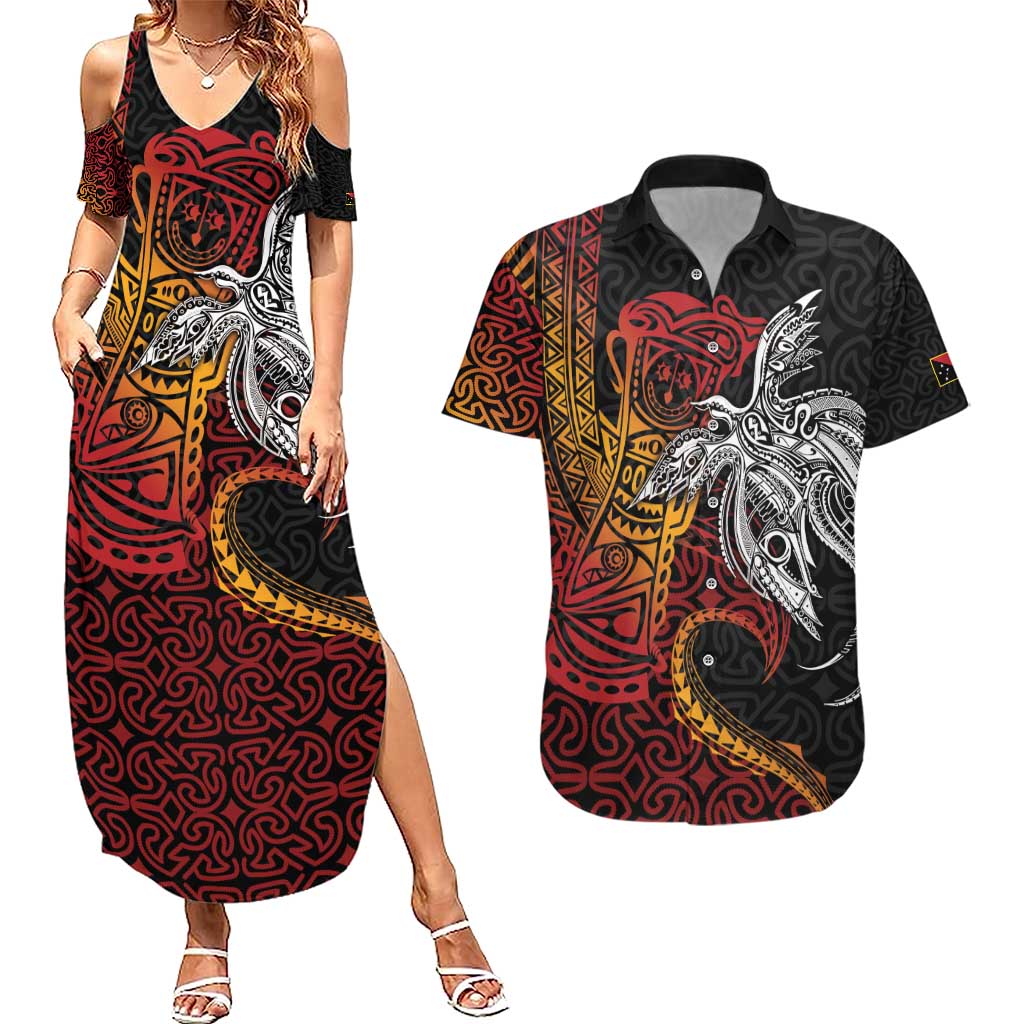 Papua New Guinea Sepik Personalised Couples Matching Summer Maxi Dress and Hawaiian Shirt PNG Bird of Paradise Tattoo LT9 Black - Polynesian Pride