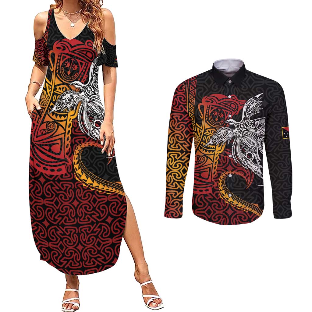 Papua New Guinea Sepik Personalised Couples Matching Summer Maxi Dress and Long Sleeve Button Shirt PNG Bird of Paradise Tattoo LT9 Black - Polynesian Pride