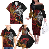 Papua New Guinea Sepik Personalised Family Matching Off The Shoulder Long Sleeve Dress and Hawaiian Shirt PNG Bird of Paradise Tattoo LT9 - Polynesian Pride