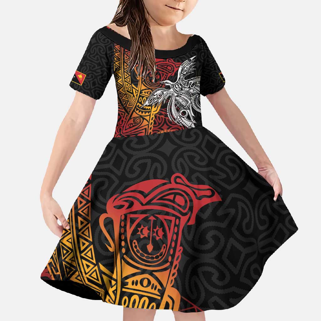 Papua New Guinea Sepik Personalised Family Matching Off Shoulder Maxi Dress and Hawaiian Shirt PNG Bird of Paradise Tattoo LT9 Daughter's Dress Black - Polynesian Pride