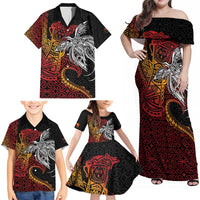 Papua New Guinea Sepik Personalised Family Matching Off Shoulder Maxi Dress and Hawaiian Shirt PNG Bird of Paradise Tattoo LT9 - Polynesian Pride