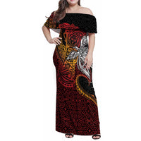 Papua New Guinea Sepik Personalised Family Matching Off Shoulder Maxi Dress and Hawaiian Shirt PNG Bird of Paradise Tattoo LT9 Mom's Dress Black - Polynesian Pride