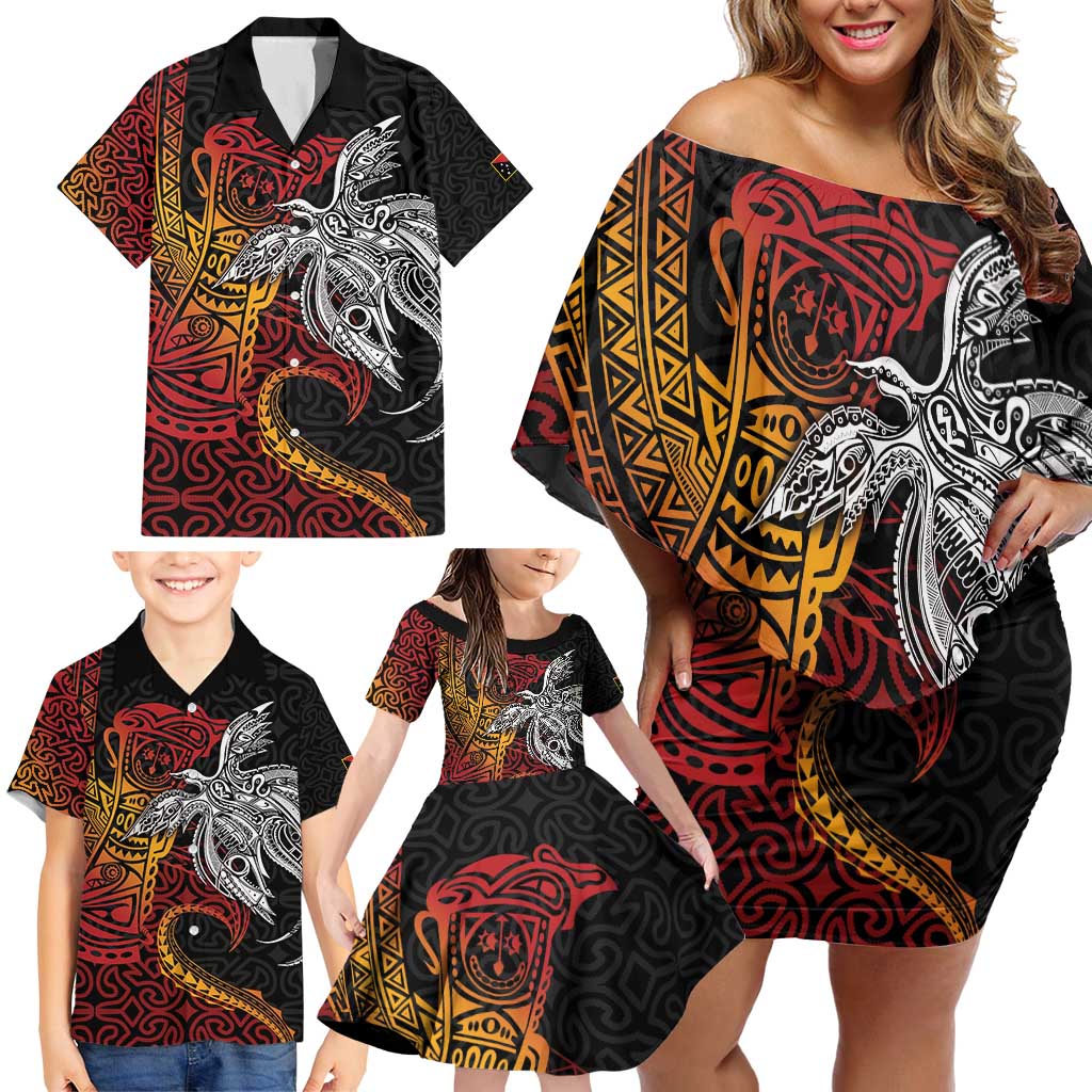 Papua New Guinea Sepik Personalised Family Matching Off Shoulder Short Dress and Hawaiian Shirt PNG Bird of Paradise Tattoo LT9 - Polynesian Pride
