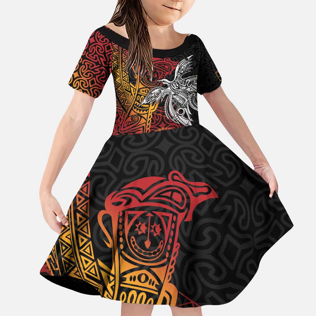 Papua New Guinea Sepik Personalised Family Matching Puletasi and Hawaiian Shirt PNG Bird of Paradise Tattoo LT9 Daughter's Dress Black - Polynesian Pride