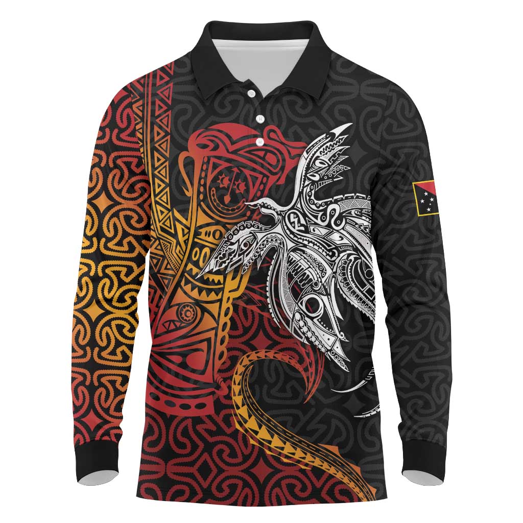 Papua New Guinea Sepik Personalised Long Sleeve Polo Shirt PNG Bird of Paradise Tattoo LT9 Black - Polynesian Pride