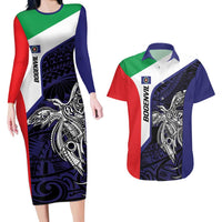 Personalised PNG Bougainville Couples Matching Long Sleeve Bodycon Dress and Hawaiian Shirt Bird of Paradise Tattoo Flag Motif LT9 Blue - Polynesian Pride