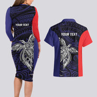 Personalised PNG Bougainville Couples Matching Long Sleeve Bodycon Dress and Hawaiian Shirt Bird of Paradise Tattoo Flag Motif LT9 - Polynesian Pride