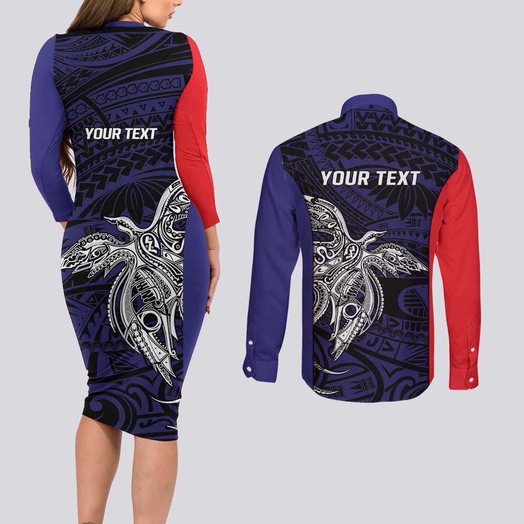 Personalised PNG Bougainville Couples Matching Long Sleeve Bodycon Dress and Long Sleeve Button Shirt Bird of Paradise Tattoo Flag Motif LT9 - Polynesian Pride