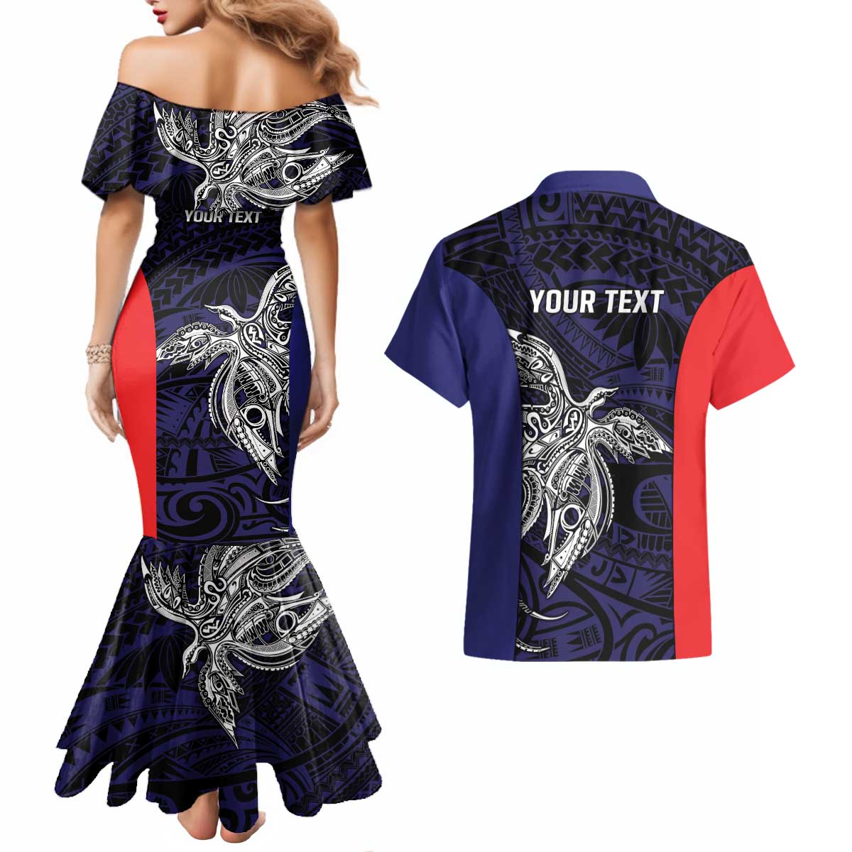 Personalised PNG Bougainville Couples Matching Mermaid Dress and Hawaiian Shirt Bird of Paradise Tattoo Flag Motif LT9 - Polynesian Pride