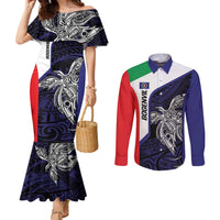Personalised PNG Bougainville Couples Matching Mermaid Dress and Long Sleeve Button Shirt Bird of Paradise Tattoo Flag Motif LT9 Blue - Polynesian Pride