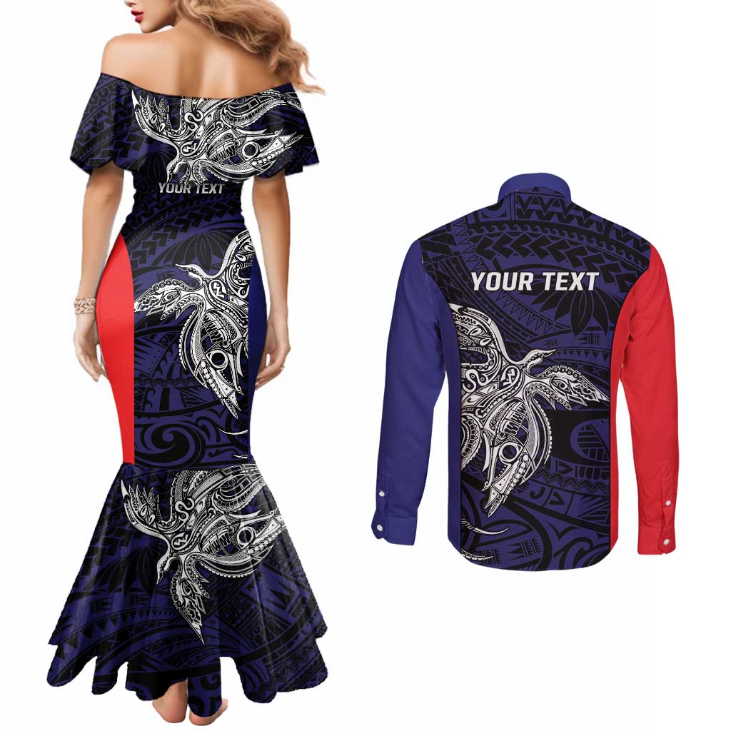 Personalised PNG Bougainville Couples Matching Mermaid Dress and Long Sleeve Button Shirt Bird of Paradise Tattoo Flag Motif LT9 - Polynesian Pride