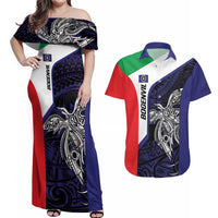 Personalised PNG Bougainville Couples Matching Off Shoulder Maxi Dress and Hawaiian Shirt Bird of Paradise Tattoo Flag Motif LT9 Blue - Polynesian Pride